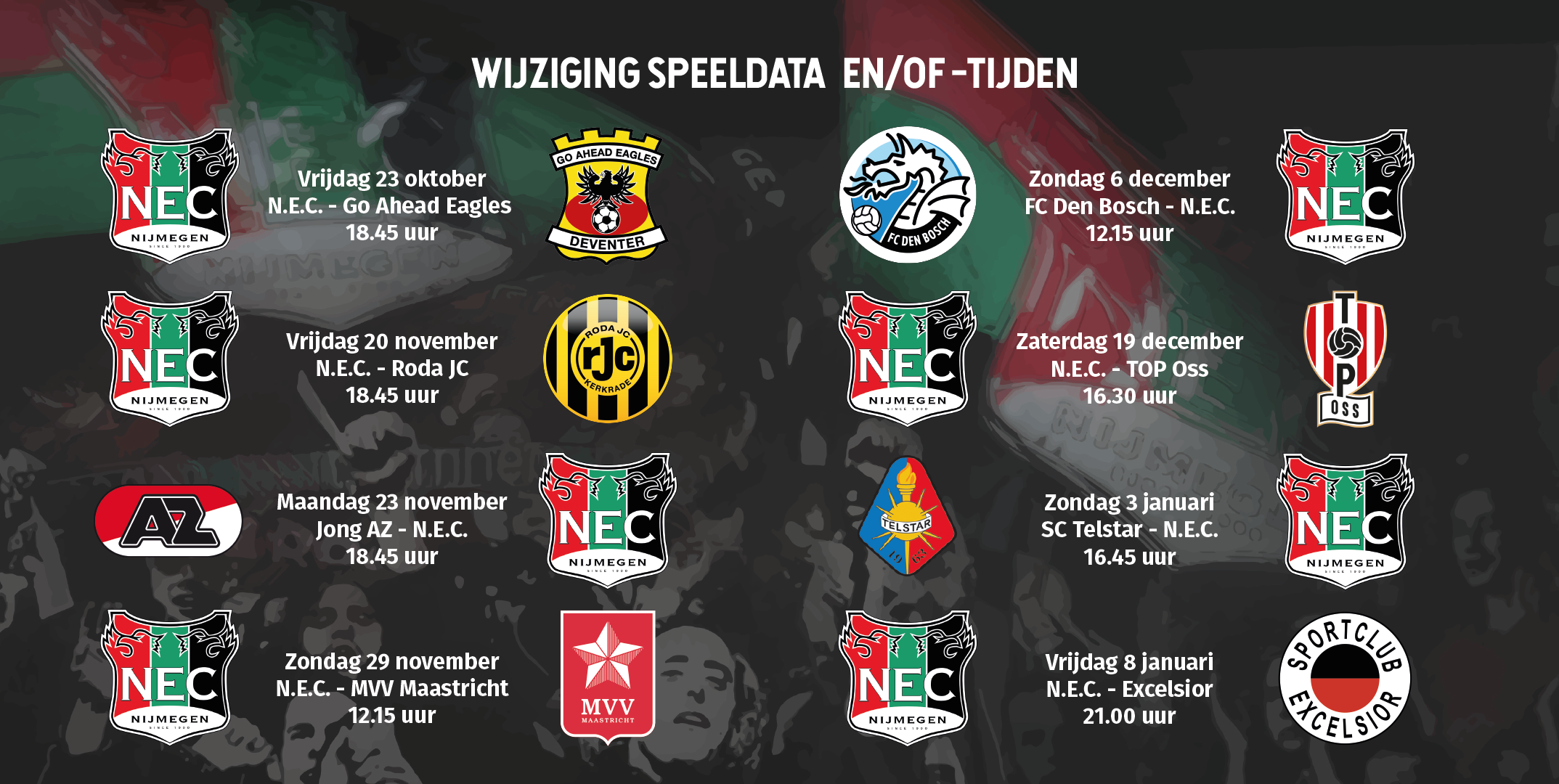 Wijziging speeldata en/of -tijden wedstrijden N.E.C.